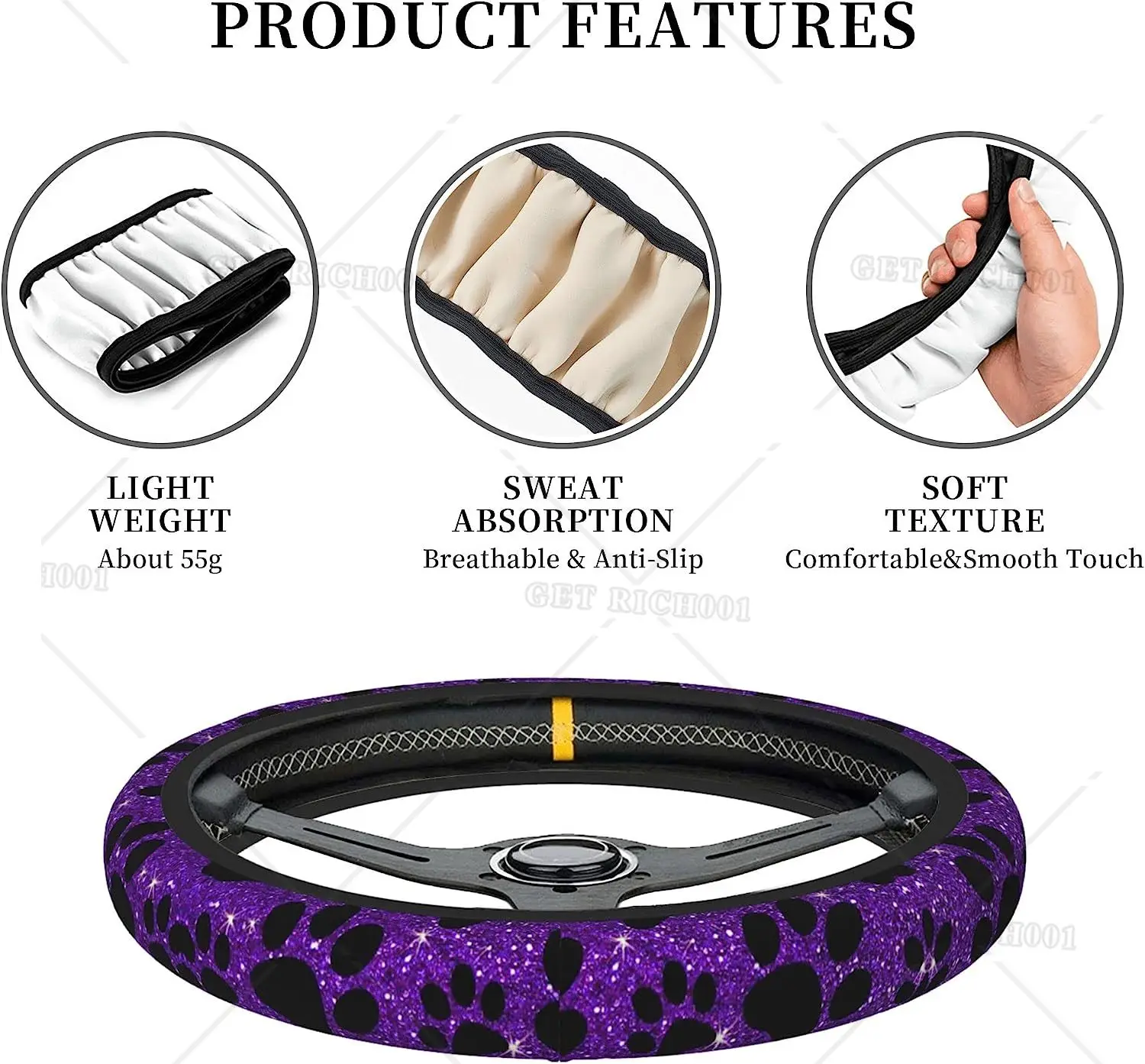 Dog Paws Purple Steering Wheel Cover for Women Girls Bling Steering Wheel Cover for Car 15 Inch Fit for Most Sedan SUV Cars