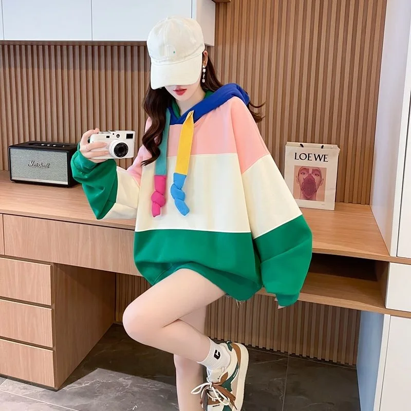 Stitching Contrasting Color Hoodies Women Loose Casual Long-sleeved Sweatshirt Fashion American Oversize Splicing Jacket