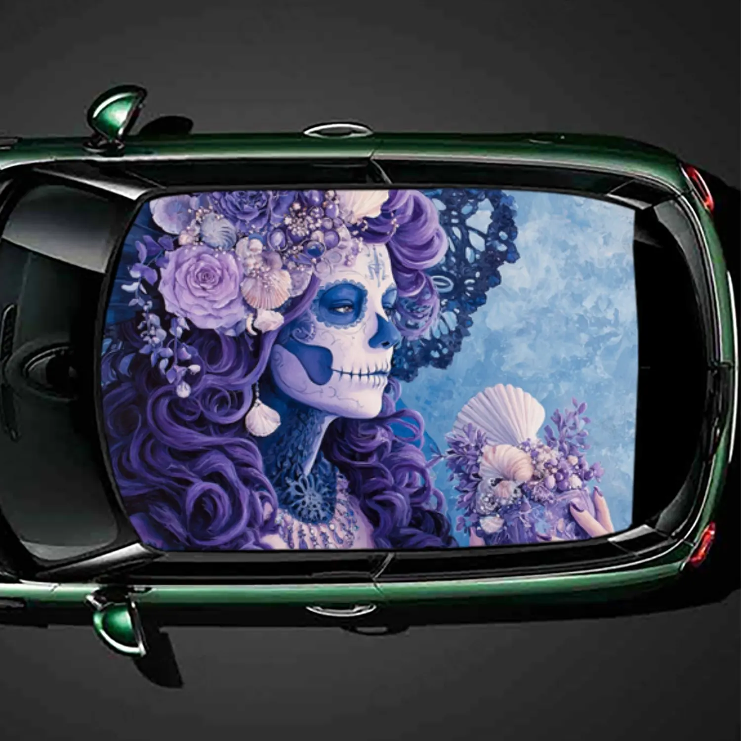 Gothic Fantasy Skeleton  Purple Haired Skeleton with Shell Decor Car Roof Sticker PVC Self Waterproof stick , Striking Auto Exte