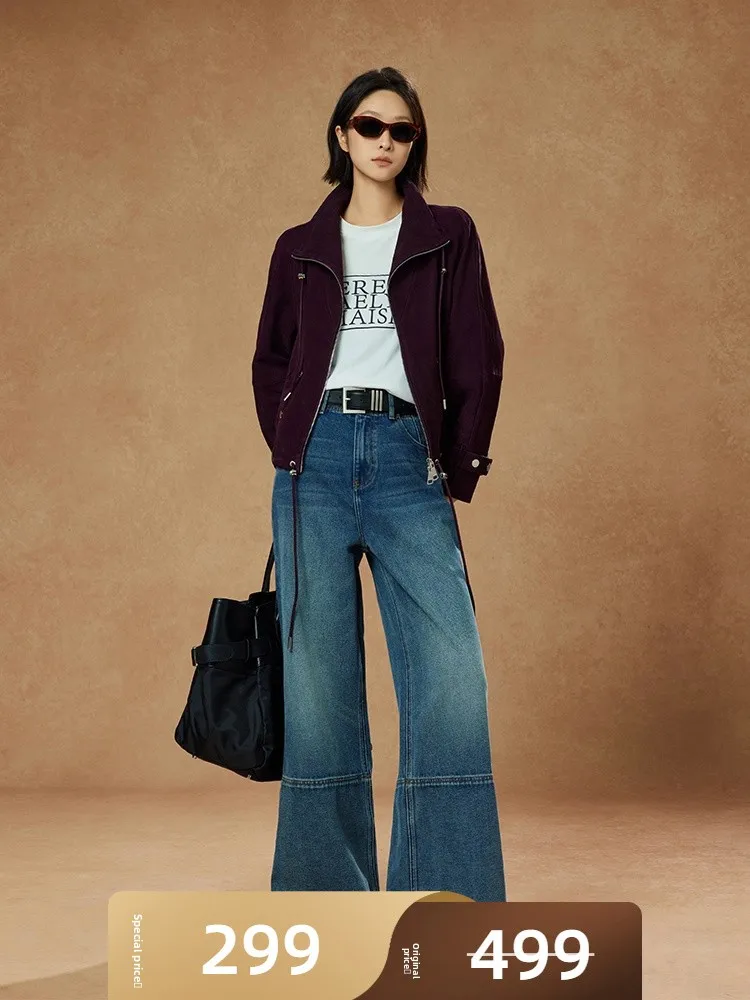 

MeiYang Морские джинсовые джинсы с высокой талией и широкими штанинами в стиле пэчворк с загорелой песком, жареной водой, женские повседневные джинсы с двумя пуговицами