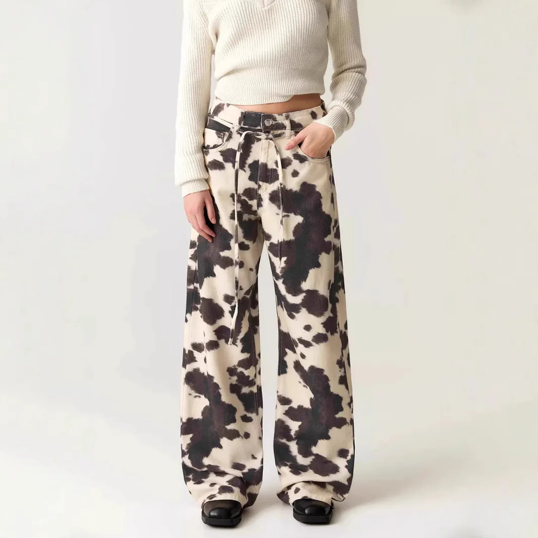 Retro Cow Pattern Vintage Waed Jeans Men's Loose Straight Leg Trousers Cross-Border Sle Casual High Waist Long Pants