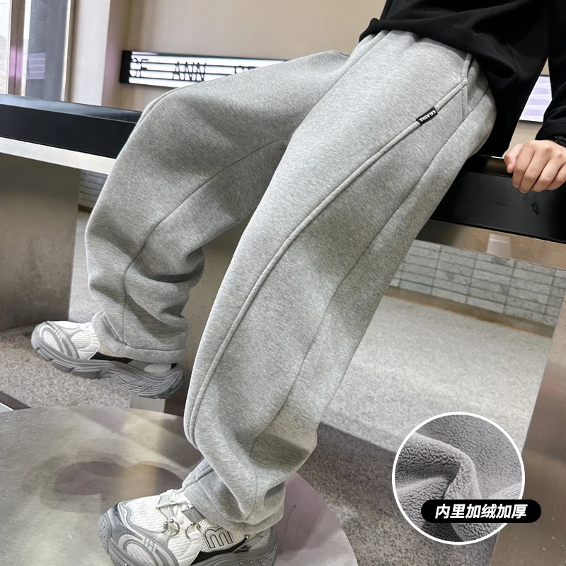 

2025 Kids Autumn/Winter Warm Solid Color Sports Long Pants Fleece-Lined Casual Trousers Mid to Large Child Fleece Pants