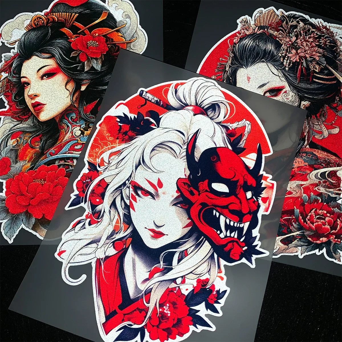 Japanese Geisha Oni Mask Peony Art Vinyl Stickers Waterproof Decal for Motorcycle Bicycle Car Helmet Decor