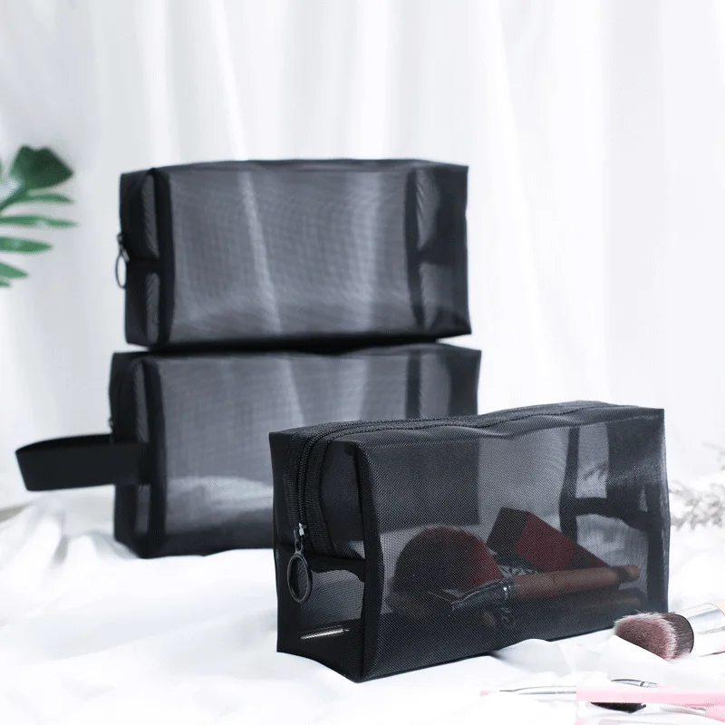 Black Mesh Transparent Cosmetic Bag Makeup Case Travel Zipper Make Up Organizer Storage Bag Beauty Toiletry Wash Bag Pouch