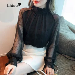 Black Wave Point Thin Transparent Blouse Women Classic Lantern Sleeve Turtleneck Summer Casual All-match Lady Pullover Shirt