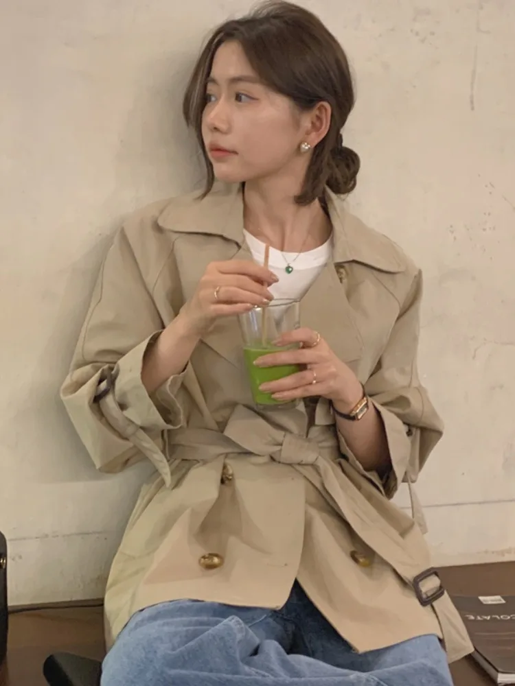

Chic Loose Women's Windbreaker Double Breasted Retro Collar Belted ort Top in Tee Colors Commute Sle Long Sve Pure C...