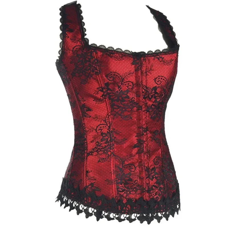 

Corset Bustiers Top Women Sexy Vest With Lace Up Corsets Overbust Flower Print Zip Brocade Vintage Gothic Halter Red