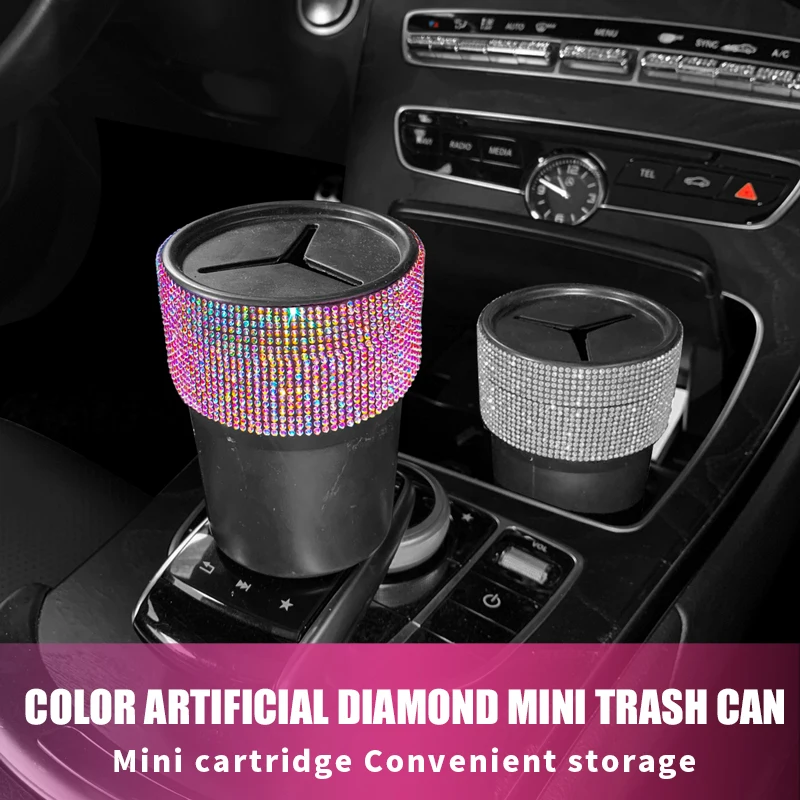 Crystal Car Trash Can with Lid Mini Auto Garbage Can Leakproof Vehicle Trash Bin Cup Holder Storage Sundries Car Accessories