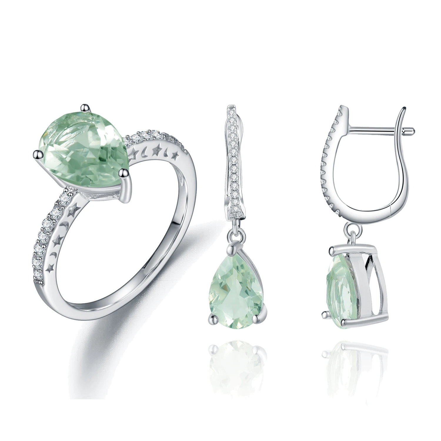 

925 Sterling Silver Jewelry Set - Pear Shape Prasiolite & Natural Green Amethyst Gemstone
