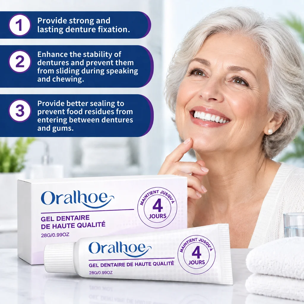 Oralhoe Denture Adhesive Gel Long Lasting Secure Hold Gum Protection Improve Wearing Comfort And Portable For Daily Denture Care