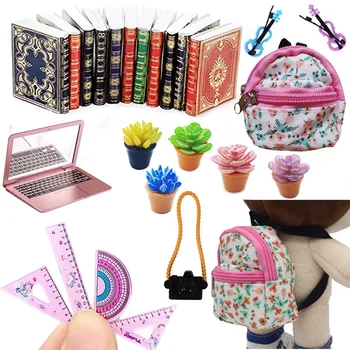 Casa de muñecas a escala 1/12, bolsa de libros en miniatura Vintage, regla para cámara de violín, modelo de cuaderno, Mini flores, decoración de muebles para casa de muñecas