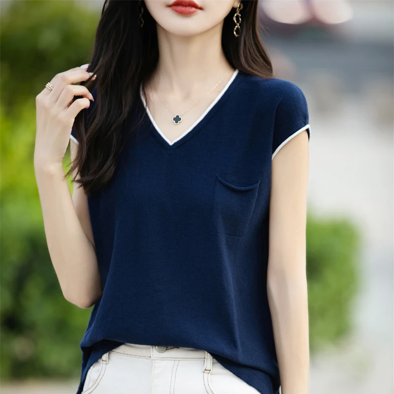100% Pure Cotton T-Shirt Women's Knitted Patchwork Short-Sleeved Casual V-Neck Tees Summer Basic Loose Tops Versatile Pocket