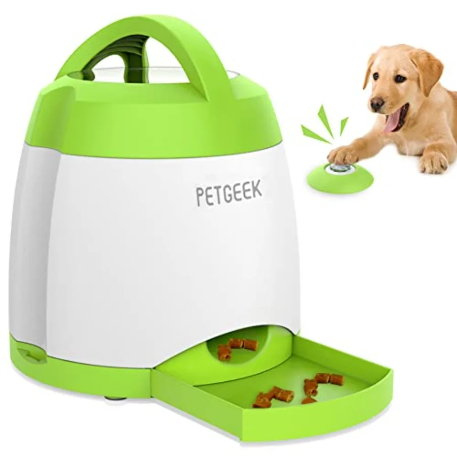 Automatic Dog Treat Dispenser with Button - Puzzle Memory Training Feeder Pet Geek Interactive IQ Training Dog Feeder in Green