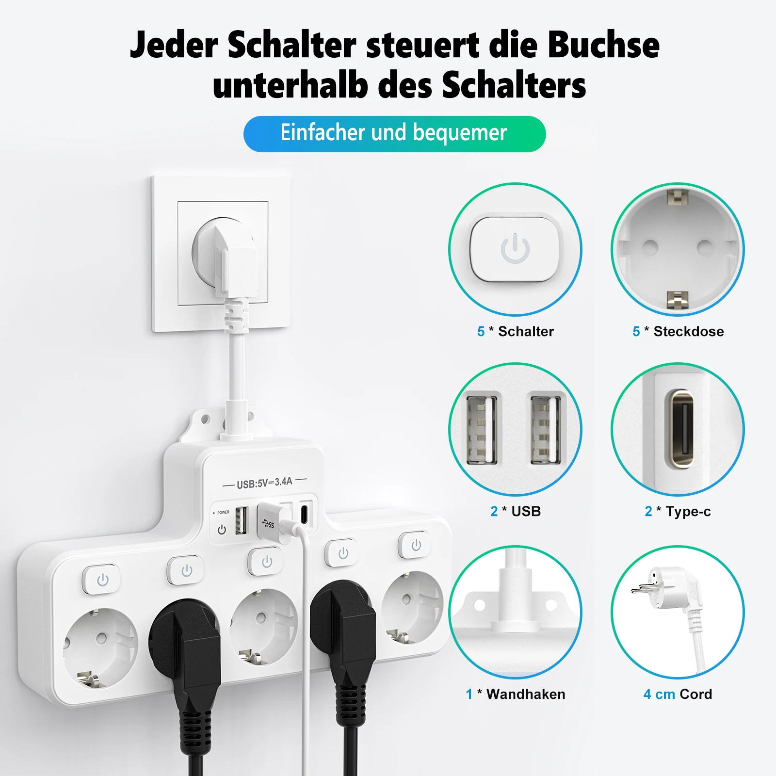 Power Strip 5-Way Multicontact Outlet EU Plug with 4 USB Ports 3.1A/5V 3840W Multiple Electrical Socket with Switch For Home