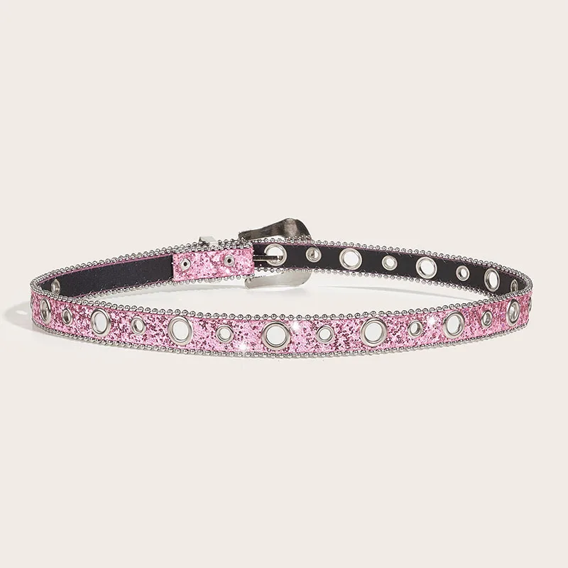 Fashion Thin Pink Rhinestone Belt for Women Y2K Luxury Sparkly Pin Buckle Waist Strap Female Jeans Trouser Decorated Waistband