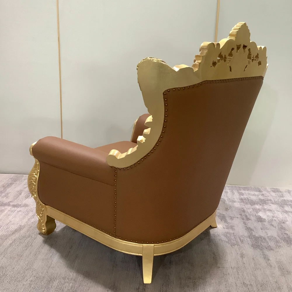* Style Throne Chair Accent Chair with Solid Birch Wood Brown Leather, Tufted Armchair with Floral Pillow for Luxury Villa