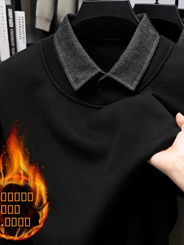 

Мужской вязаный свитер с имитацией двухслойности и воротником-рубашкой, утепленный флисом, теплый, модный, городской стиль, зимний, с длинным рукавом, базовый слой