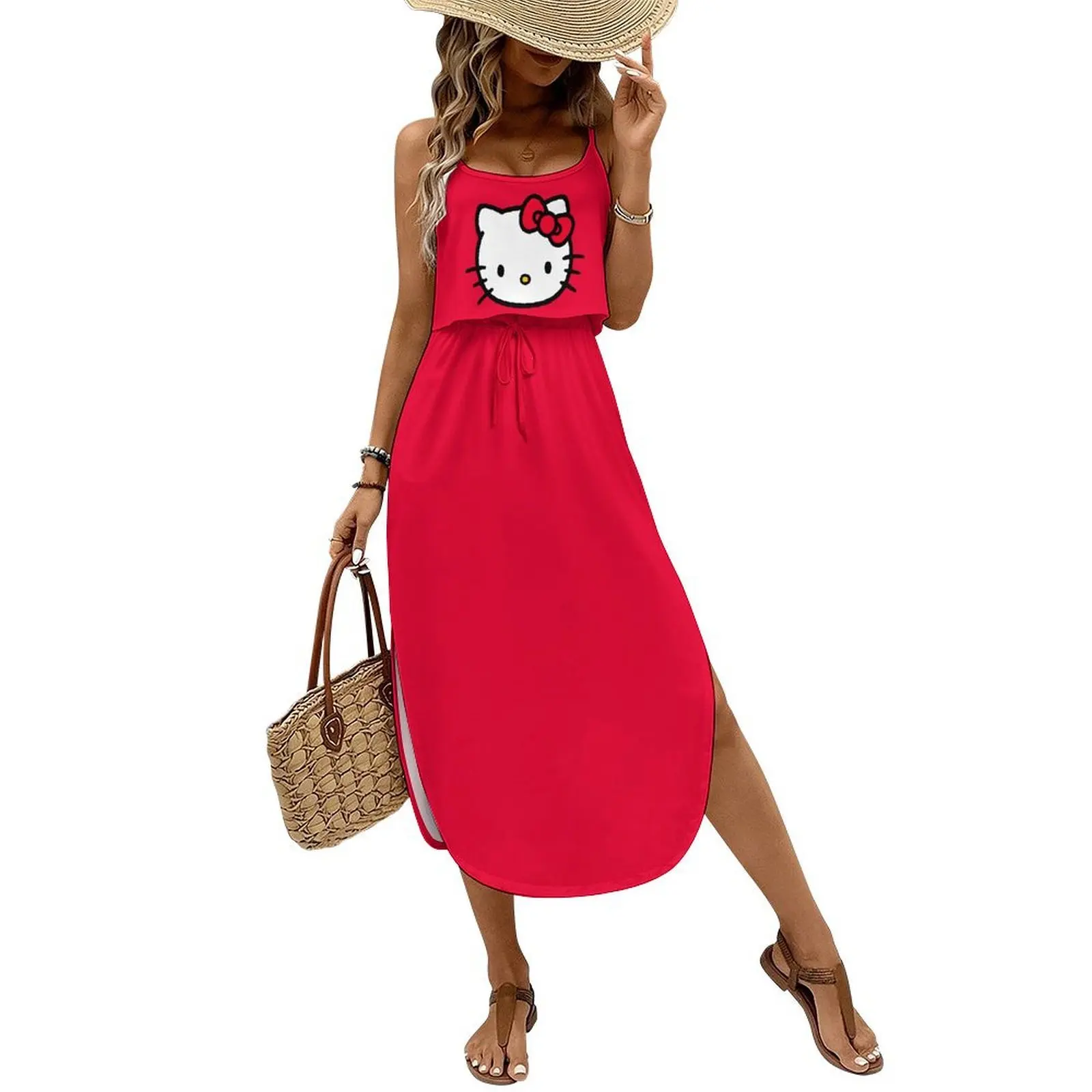 

Платье Hello Kitty для женщин, платье Sanrio с бретелями, макси-платье с боковым разрезом, сексуальное платье, модная одежда