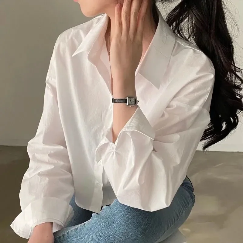 

2023 Summer Women's White Shirt French Style Turn-Down Collar Long Sleeve Shirts Woman Casual Loose Back Split Cropped Blouse