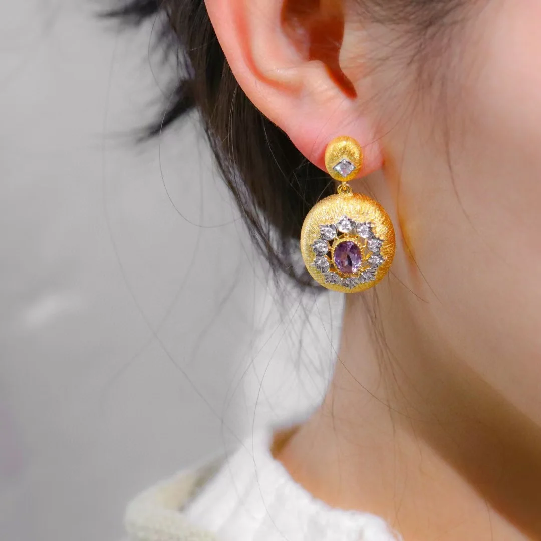 

Certificated 925 Silver Gold Natural Garnet & Amethyst Inlaid Drop Dangle Earrings Luxury Shiny Gemstone Jewelry Set for Women