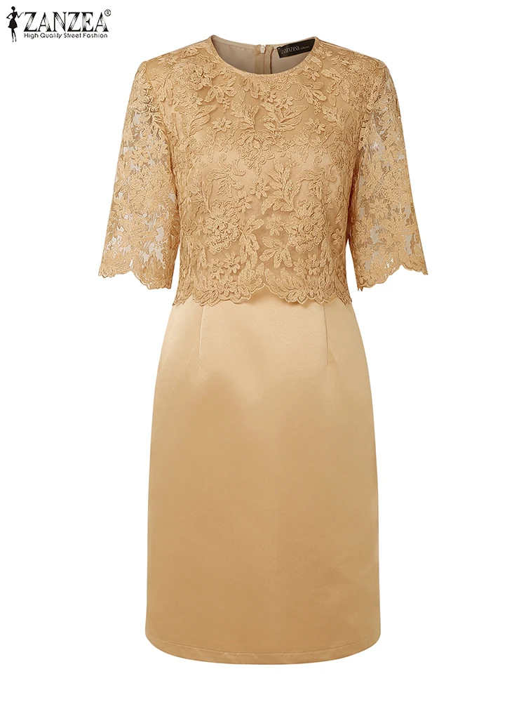 ZANZEA Abiti eleganti da donna Moda Patchwork di pizzo Raso al ginocchio Abiti Femme O-Collo Mezza manica Abiti in vita aderenti