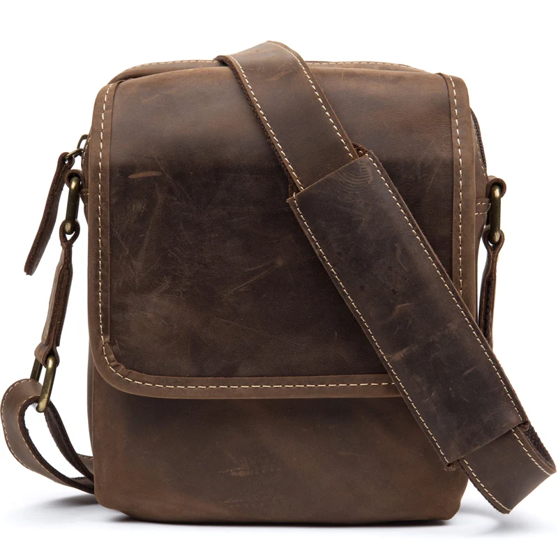 Bolso de hombro de cuero de Caballo Loco Retro para hombres, mini bolso de mensajero de ocio, bolso de teléfono móvil de cuero