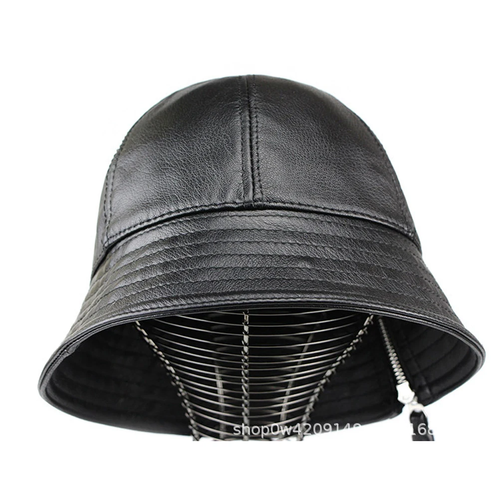 Fashion Genuine Leather Bucket Hat Sheepskin Fishing Cap Foldable Hiking Hat Hip-Hop Street Waterproof Hats For Women And Men