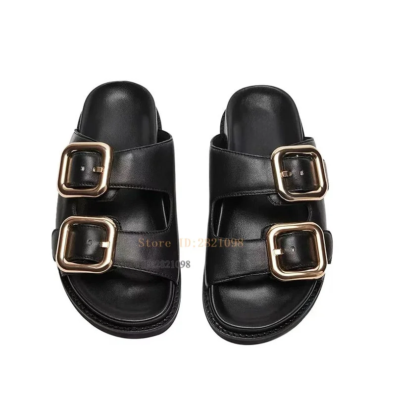 Big Gold Buckle Cut Out Real Leather Mules Straps Italy Designer Shoes Women Comfortable Slip On Flats