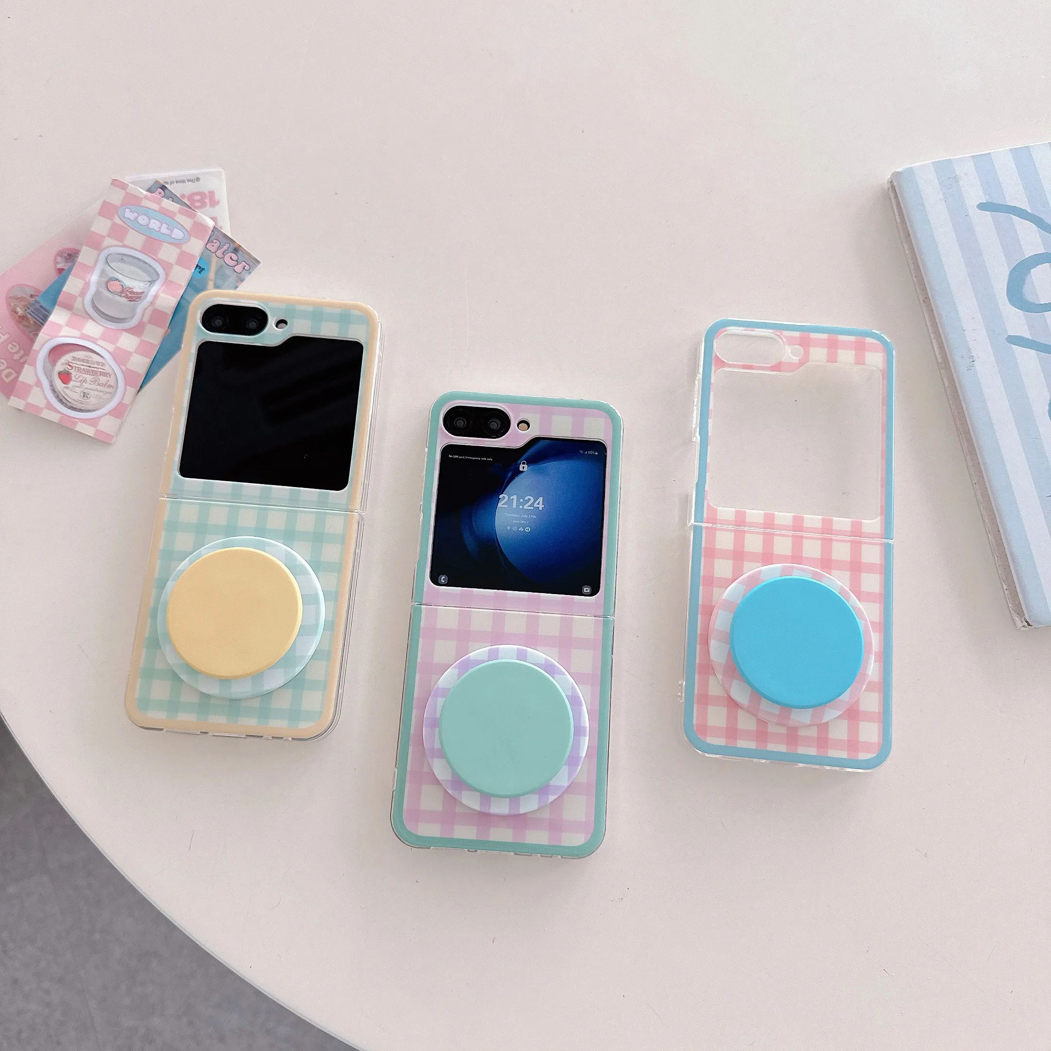 Koreanische Farbe Plaid Muster Magnetische Telefon Fall Für Samsung Galaxy Z Flip 7 6 5 4 Flip6 Flip7 Abdeckung mit Magsafe Stand Fällen Capa
