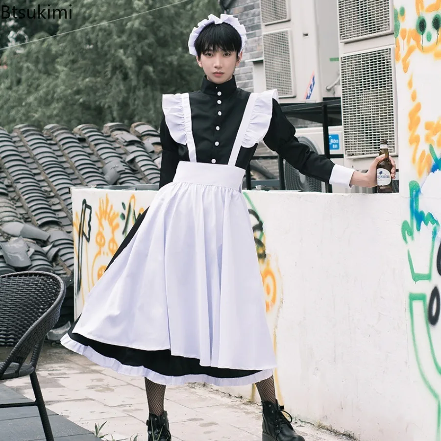 

Japanese Style Maid Outfit Black White Long Dress Lolita Unisex Men Women Halloween Costume Uniform Full Set Adults Plus Size