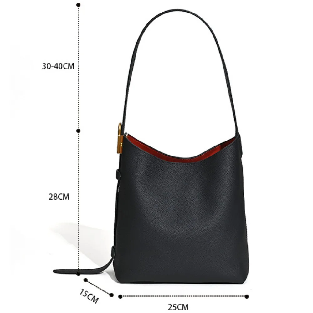 Genuine Leather Shoulder Bag with Slanting Strap and Water Bucket Style