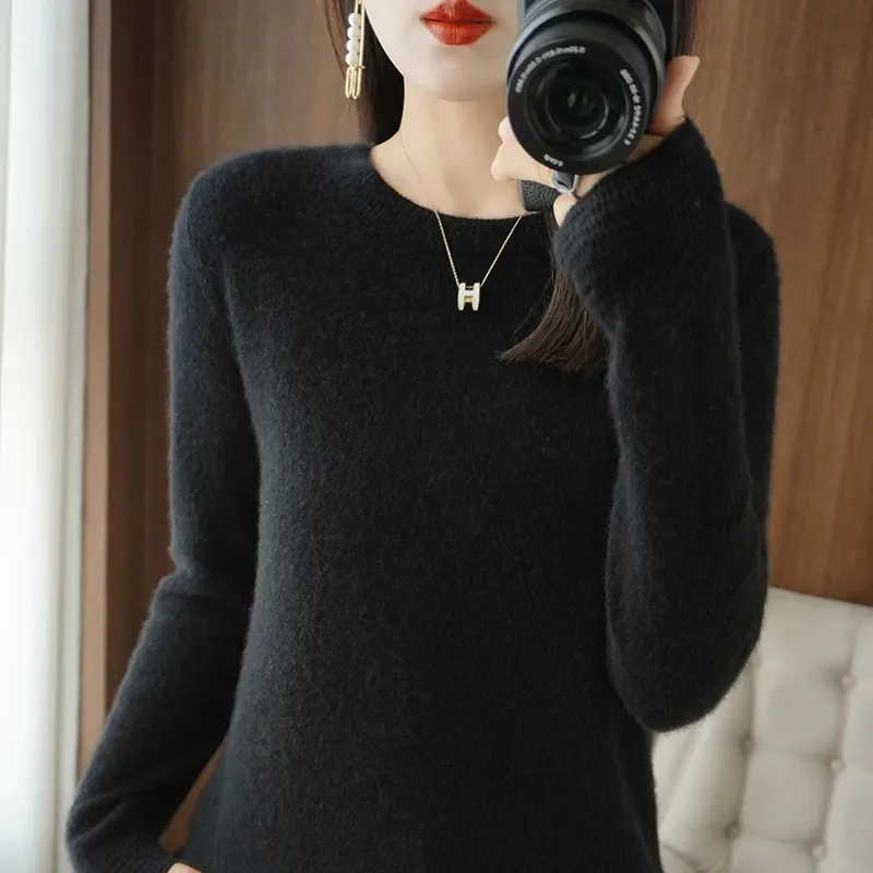 100% ميرينو الصوف محبوك سترة الخريف/الشتاء 2025 جديد المرأة الجولة الرقبة الجوف أعلى 11 لون البلوز معطف متعدد الاستخدامات