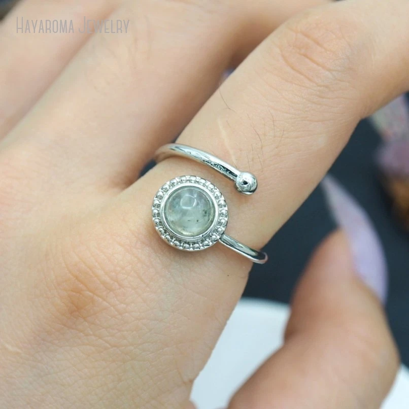 10Pcs Semi-precious Stone Prehnites Silver Color Round Coin Shape Circle Wholesale Ring RM51251