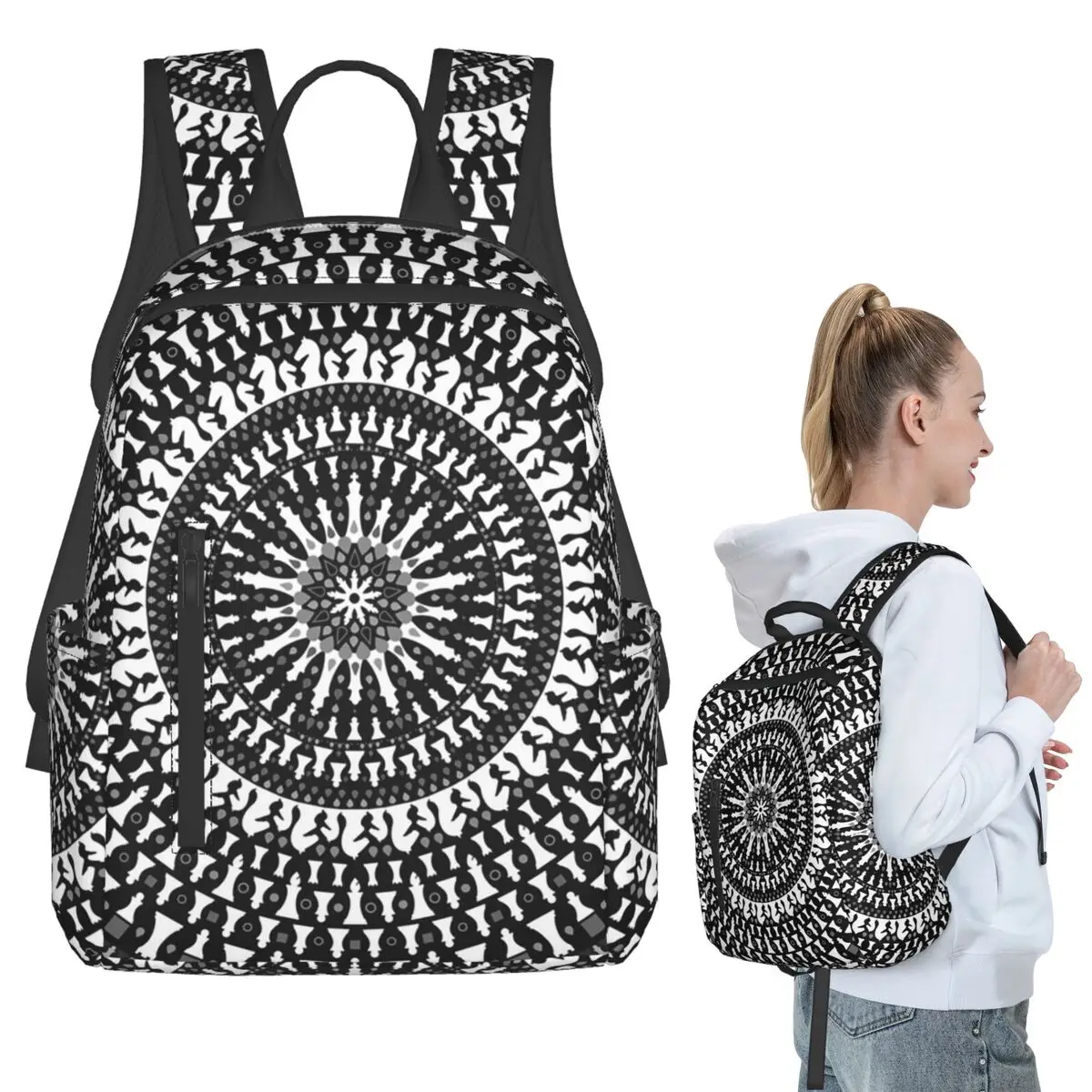 Chess Pieces Mandala Grayscale Chessboard Backpack Student BookBag Kids School Bag Computer Shoulder Bags Men Women