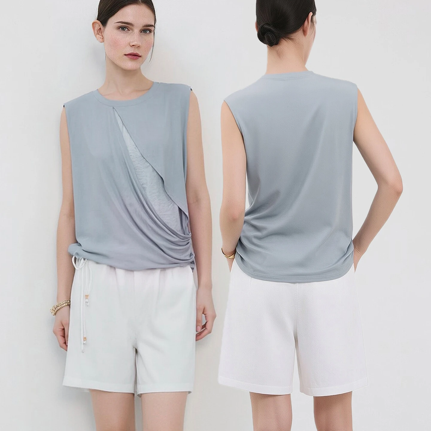 Amii Women's Camisole 2026 Summer New Round Neck Stretch Jacquard Patchwork Tank Top Casual Sleeveless Vest For Women 12652011