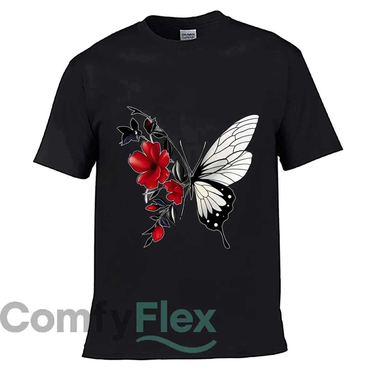 Romantic Red Floral Butterfly Black White Botanical Wing Art Loose Vintage Distressed Washed Casual Tee