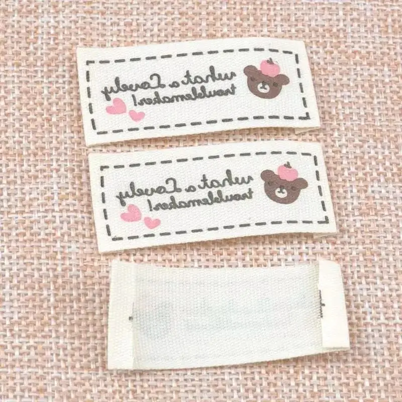 50pcs Beige Woven Labels For Clothing Care Labels Cartoon Bear Woven Labels Clothing Shoes Bags Washable Garment Tags CP1532