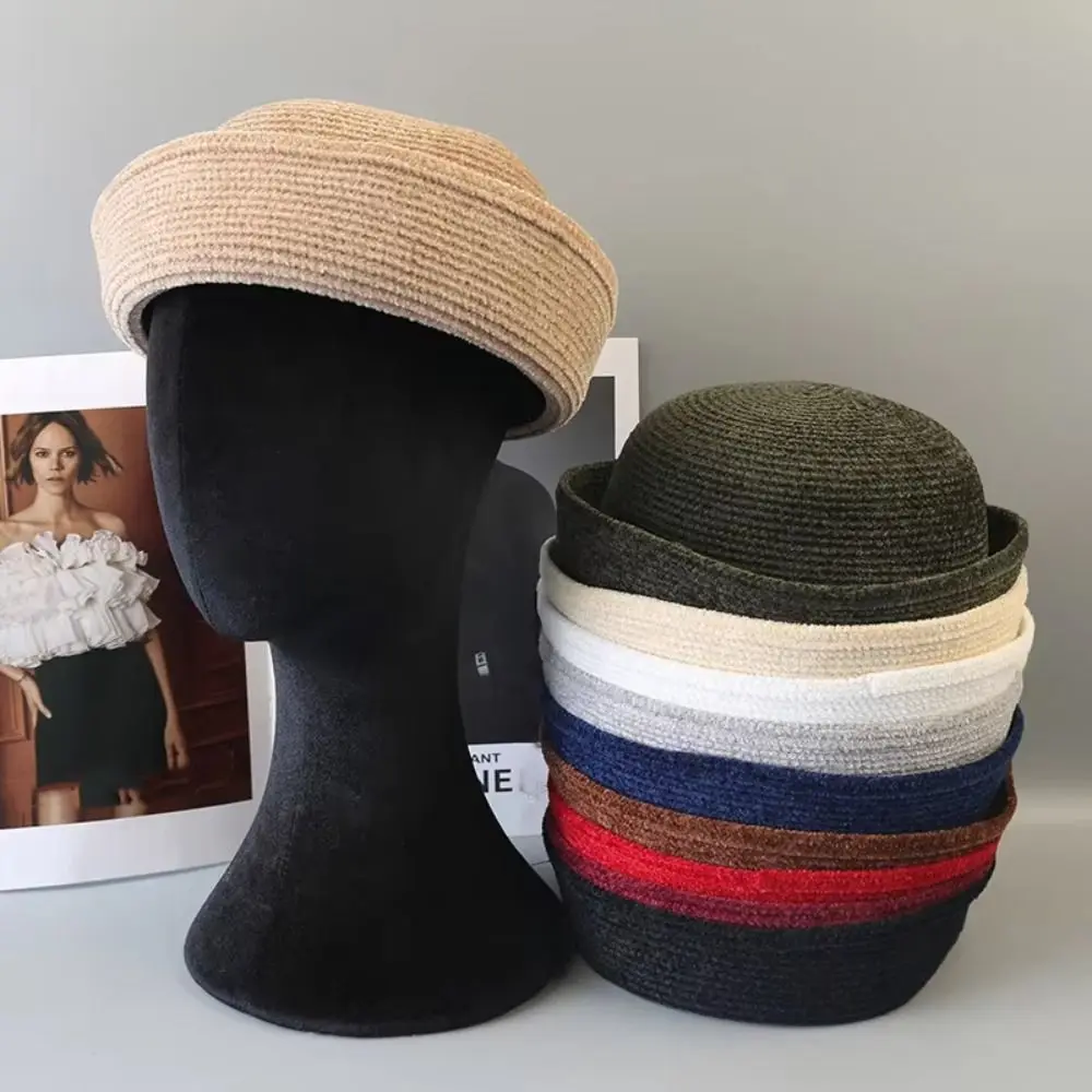 Vintage French Style Chenille Pillbox Hat Fedoras Elegant Fedora Hat Versatile Solid Color Sailor Hat Beach Visor
