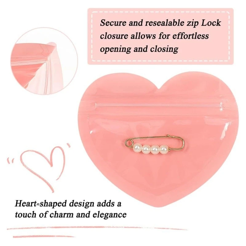 50pcs/100Pcs Bag Heart Shaped Self Sealing Jewelry Pouches Bag plastic Durable Zipper Lock Convenient Packaging Bags