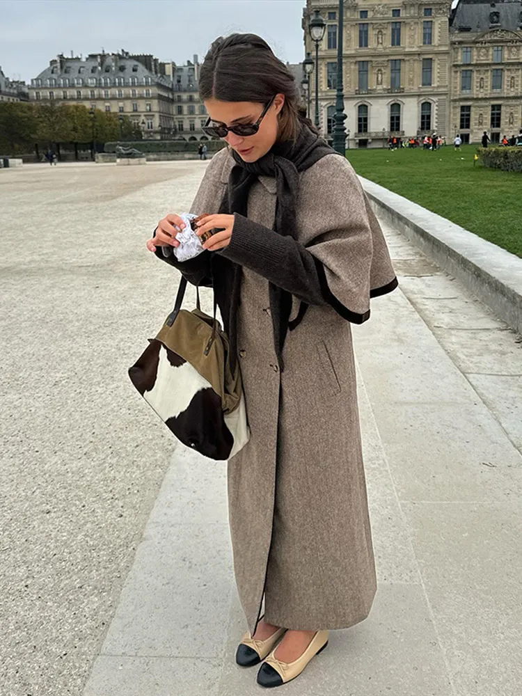 معاطف أنيقة نصف واسعة الأكمام للنساء معطف طويل فضفاض مزدوج الصدر مزدوج الصدر للسيدات موضة خريف 2025 ملابس خارجية للسيدات