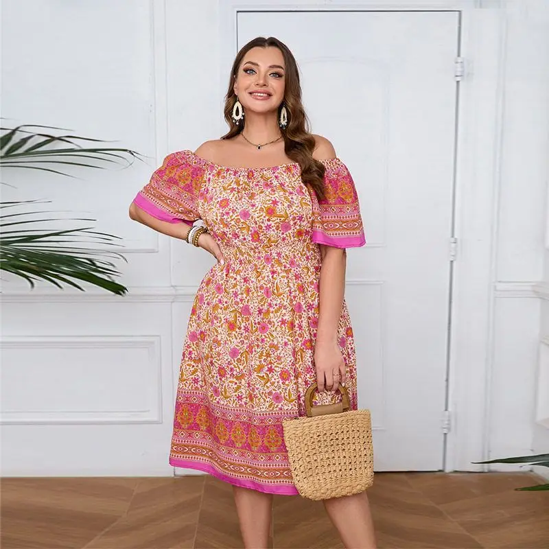 Beach Vaion n Sle Damen Dr. Or Sve Blumendruck Ele Dr Sommersaison Polyesterstoff