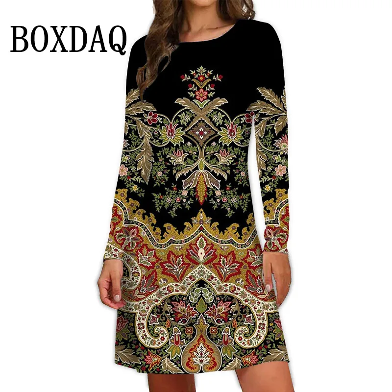 2024 Fall New Arrival Women\'s Dresses Ethnic Style Bohemian 3D Printing Dress Vintage Casual Loose Long-Sleeve Fashion Clothing