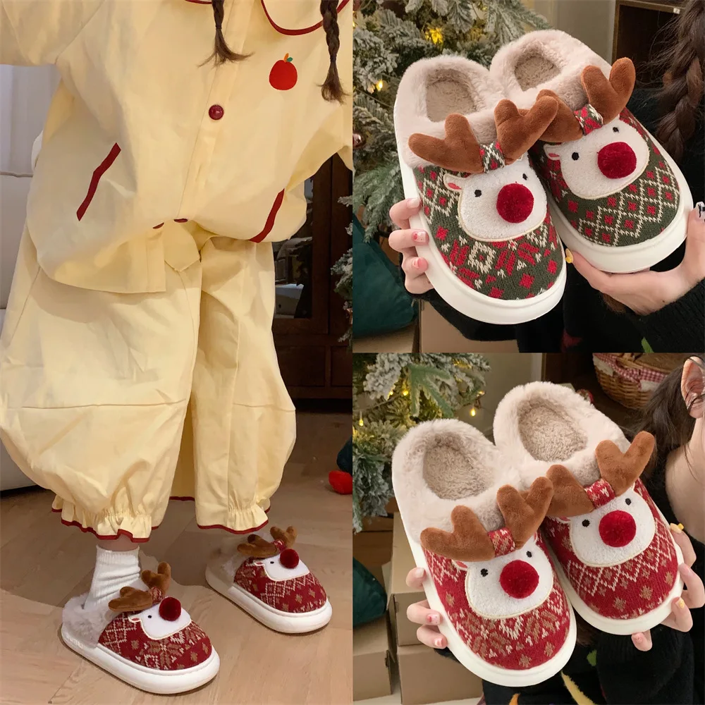 2024 New Christmas Cotton Slippers for Woman Cute Cartoon Deer Anti-slip Girls Indoor Home Flip Flops Fashion Party Flat Slides