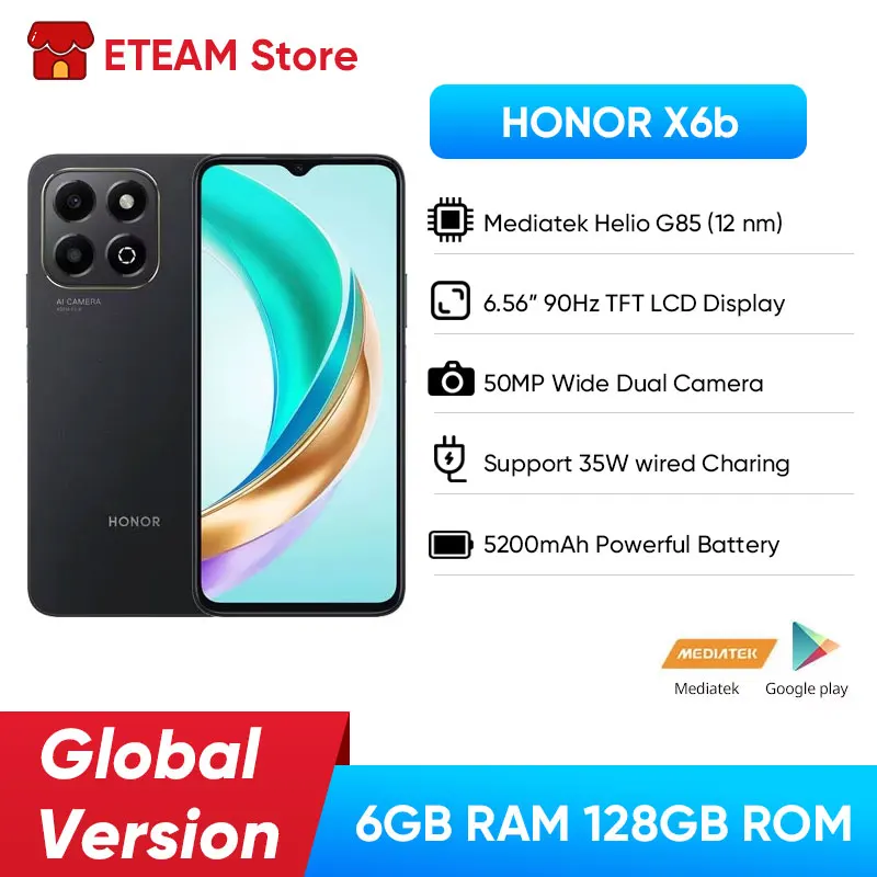 Global Original HONOR X6b 4G Smartphone Mediatek Helio G85 6.56 inches 90Hz TFT LCD Display 50MP Dual Camera 5200mAh Battery