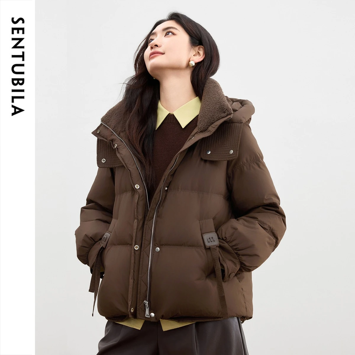 SENTUBILA Women Puffer Coat Winter Hooded Zip 2026 90% White Duck Down Jacket Warm Stand Collar Loose Short Outerwear W54YE2037