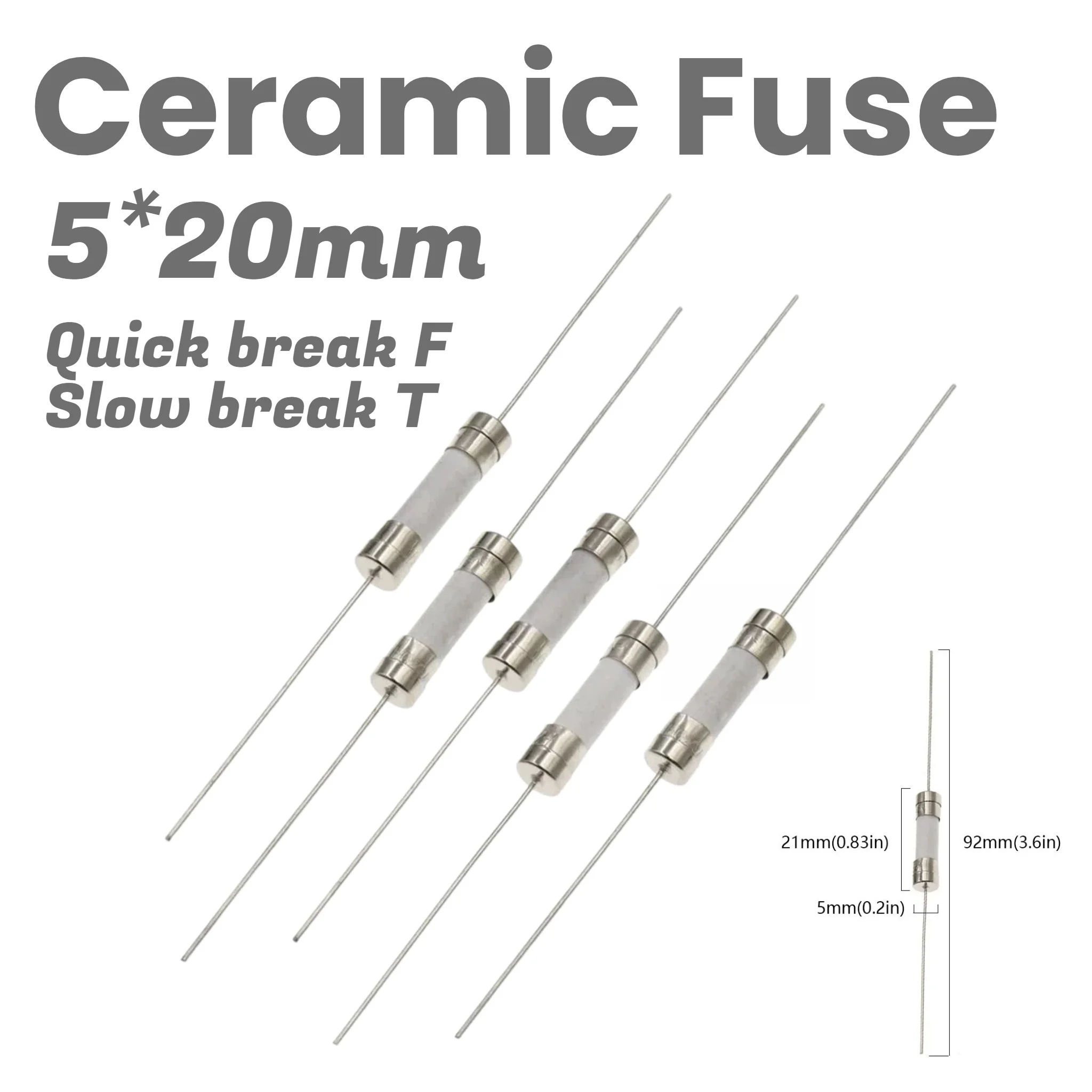 Quick Break 5X20MM Ceramic Fuse Slow Blow Tube Fuse With Pin 5*20MM 250V 0.5A 1A 2A 3A 4A 5A 6A 7A 8A 10A 12A 15A 20A 25A 30A