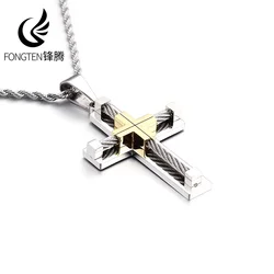 Fongten Stainless Steel Pendant Necklace for Men Multiple Color Cable Cross Twisted Link Chain Male Neck Christian Jewelry