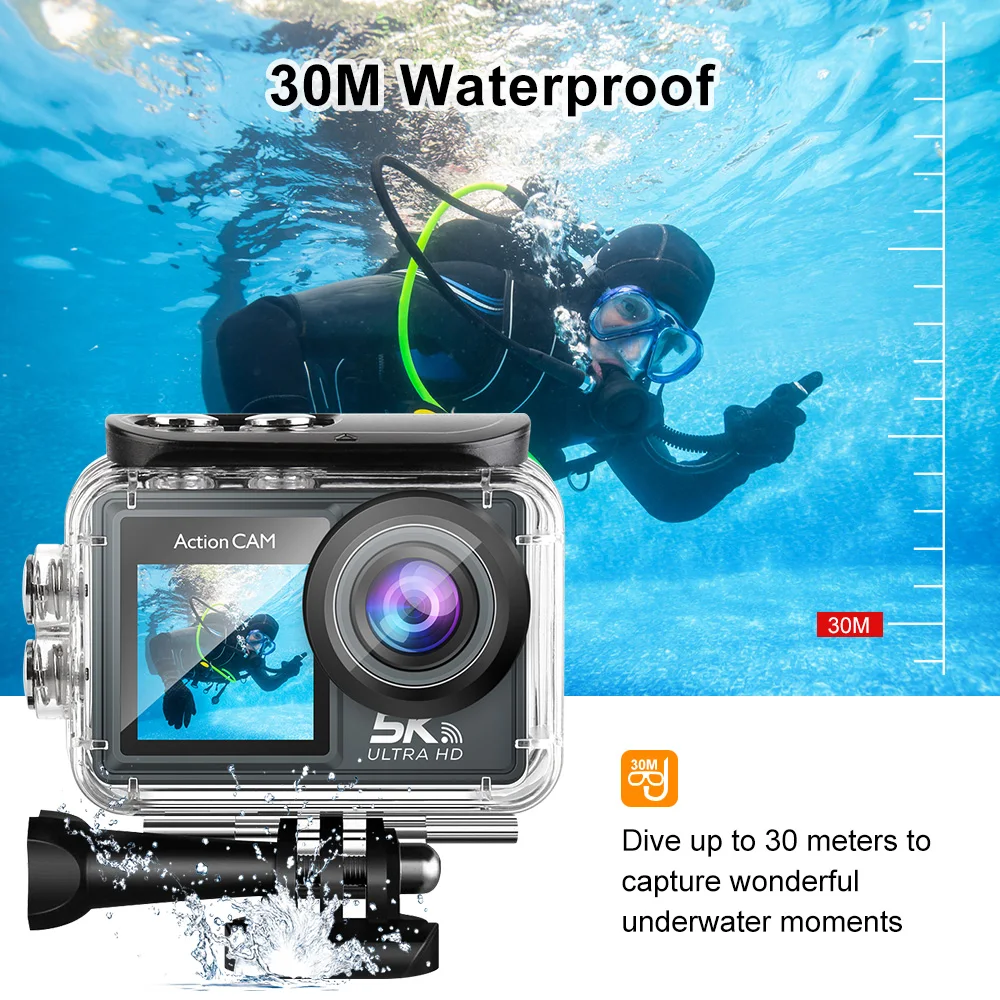 5K 4K60FPS Action Camera Dual IPS Touch LCD EIS 170° 30M Waterproof 5X Zoom Sport Camera With Wireless Mic&Remote Control