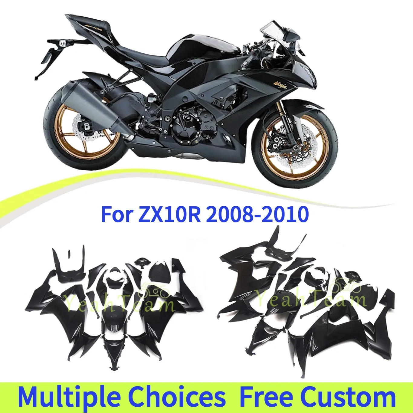 MotoBike Refitting Parts Fairing kit for KAWASAKI Ninja ZX10R 08-10 ZX6R 636 ZX-6R Bright Black Bodywork set,Design Color