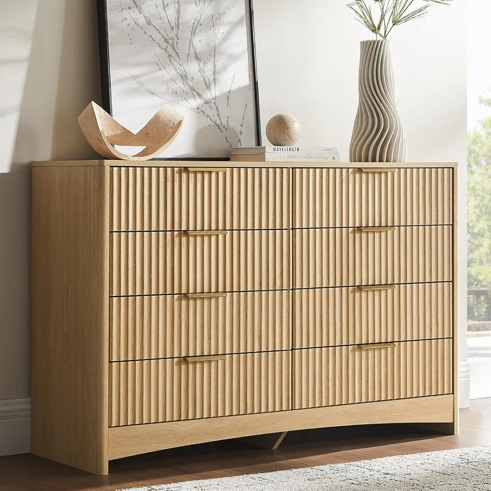 Amada Contemporary 8-Drawer Wood Dresser with Rounded Edges and Built-In Slides, Fluted Design TV Stand Dresser